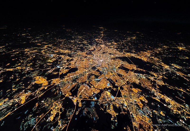 Night flight in stratosphere over the Moscow