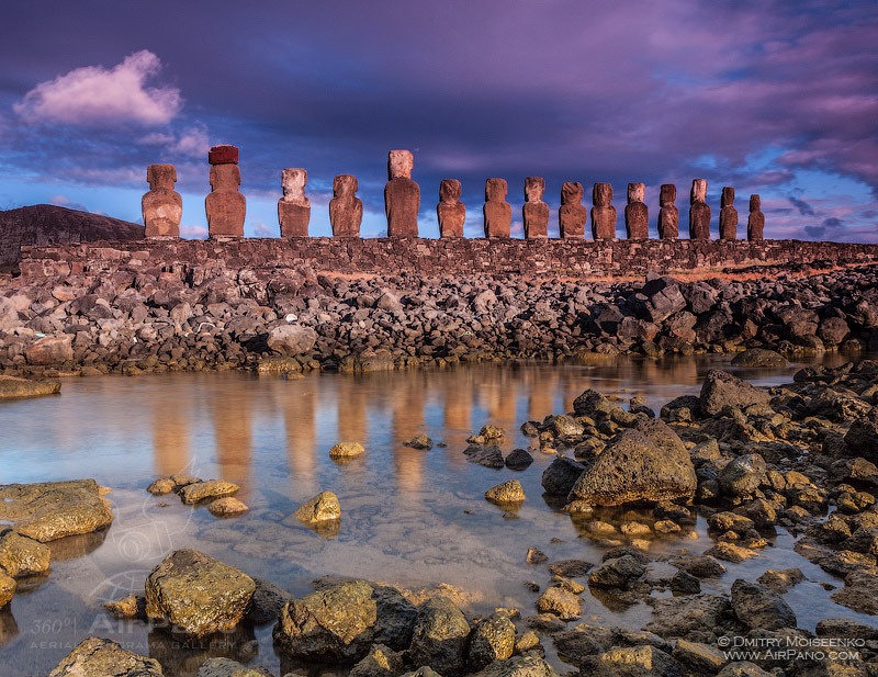 Moais of Easter Island at sunset time