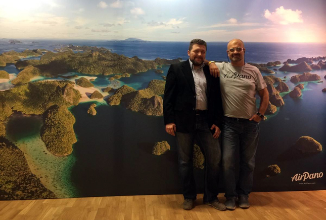 Stas Sedov and Dmitry Moiseenko in front of our panorama of Raja Ampat