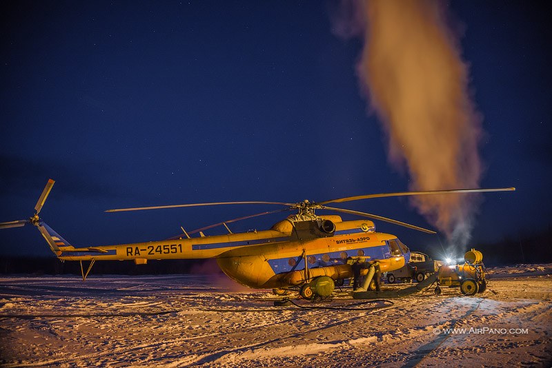 Helicopter on Kamchatka at night