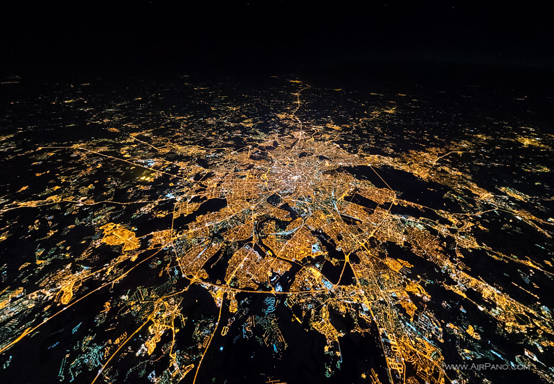 Night flight to stratosphere over the Moscow