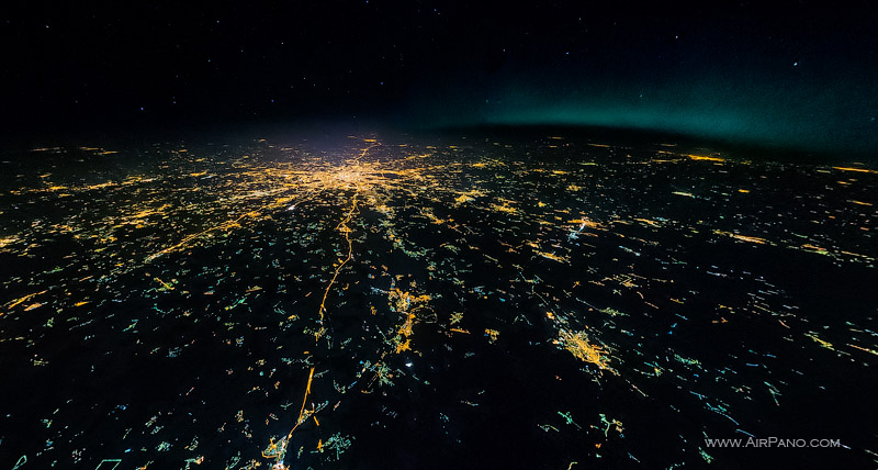 Night flight to stratosphere over the Moscow