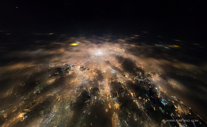 Night flight to stratosphere over the Moscow