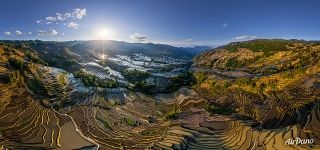 Yuanyang rice terraces. Bada Terraces at sunset from the altitude of 170 meters
