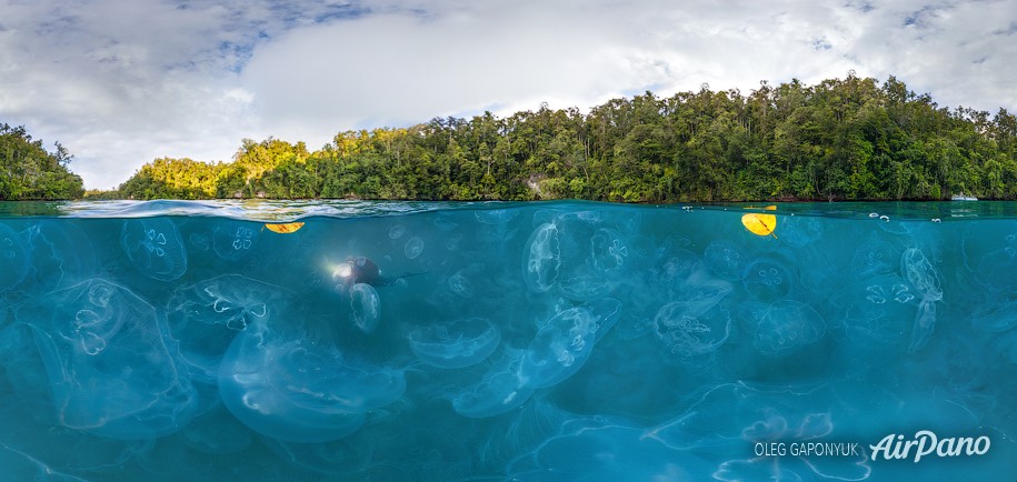 Сплит-панорама залива медуз. Раджа-Ампат, Индонезия
