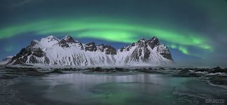 Сияние в парке Stokksnes, Исландия