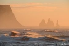 Reynisfjara beach, Seastacks Reynisdrangar, South Iceland, waves and morning fog